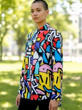 Big Dart Multicolor Graphic Print Collared L/S Hi-Low Shirt Size 12 (EUR 46) NWT